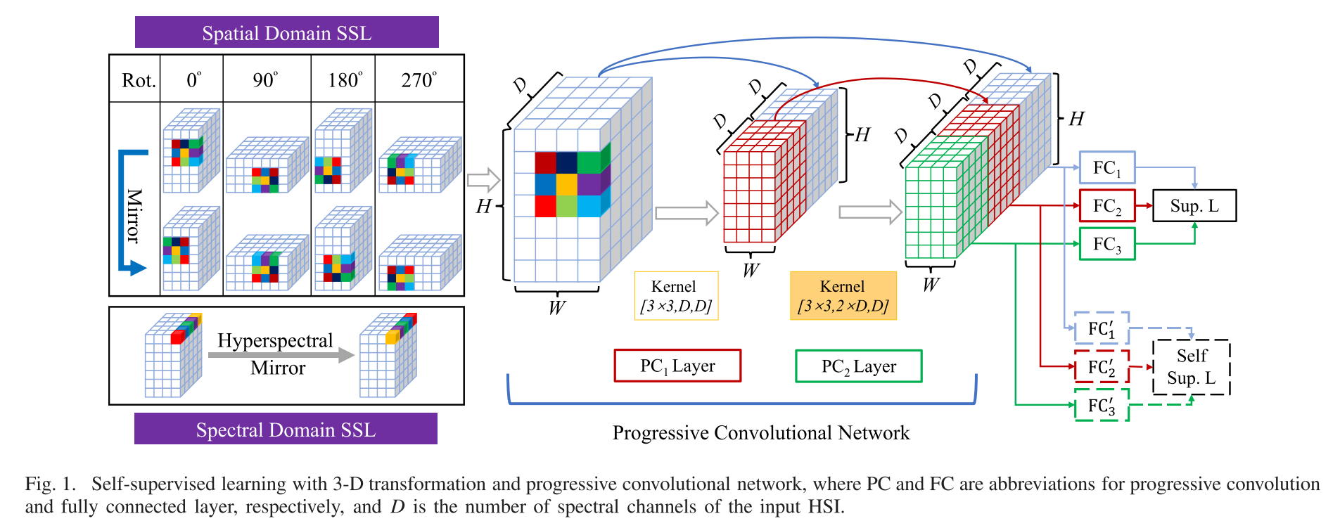 总体流程图，包括高光谱图像3D Transformation以及渐进卷积网络